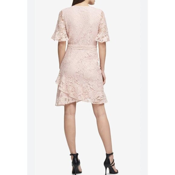 DKNY Blush Pink Lace Ruffle Dress Belted Short Sleeve Size 12 Cocktail Wedding - Picture 2 of 8